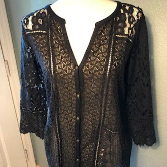 Lucky Brand Black Lace Button Down Top Size S - Picture 1 of 10